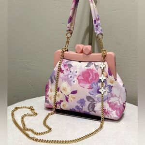 Floral Print Cowhide Leather Handmade Acrylic Frame Clutch Bag, 3 Straps Style